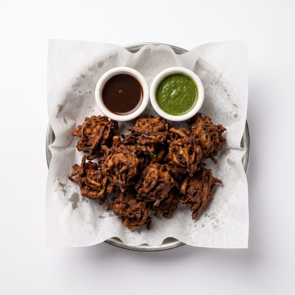 Crispy pakoras with brown and green dipping sauces in white bowls on a metal tray.